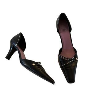 Y2K 2000s Black Genuine Leather Studded Pointed Toe Kitten Heel Size 11 Grunge
